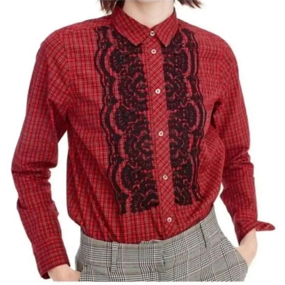 J. Crew Women’s Red Gali Embellished Plaid Shirt Button Down Shirt Blouse Size 2 - Picture 7 of 7
